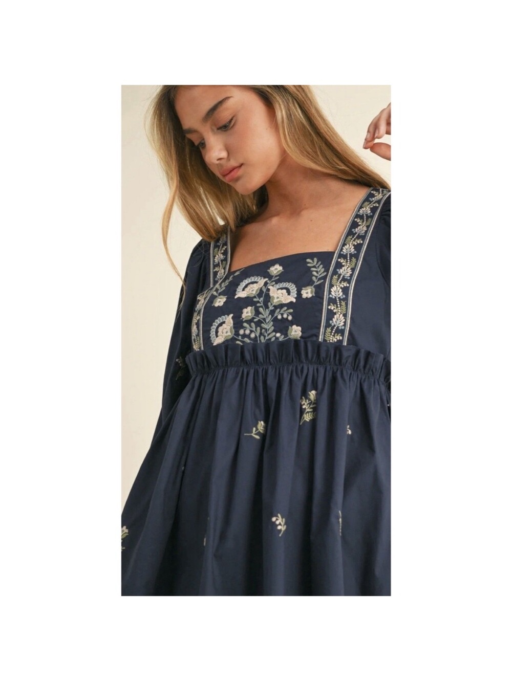 MABLE Navy Floral-Embroidered Square-Neck Mini Dress - Picture 4 of 9